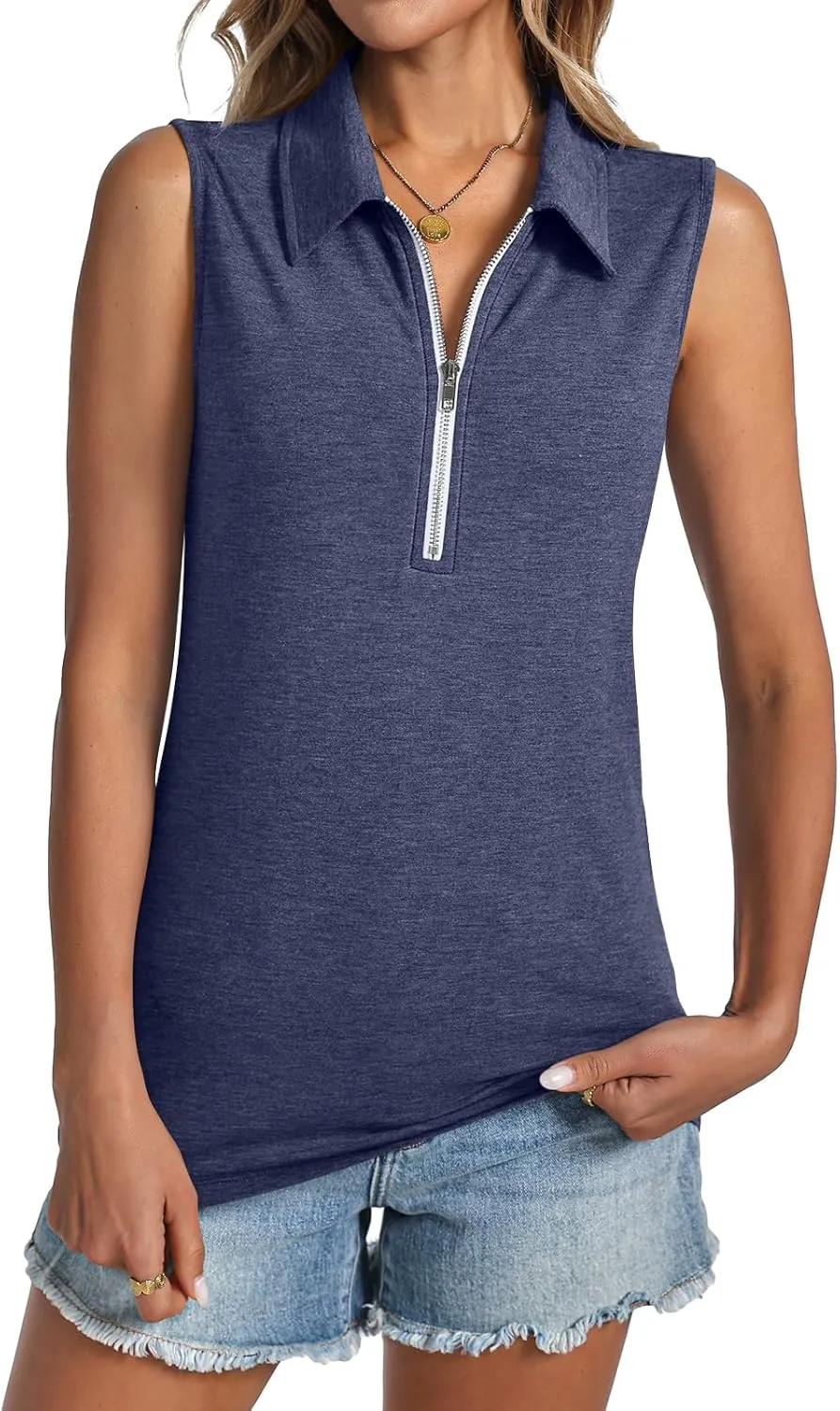 Womens Tank Tops Zipper V Neck Sleeveless Tops Dressy Casual Summer Tops Polo Shirts