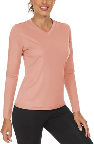 Women's V Neck Hiking Shirts Lightweight Long Sleeve Quick Dry T-Shirts Outdoor Pullovers
