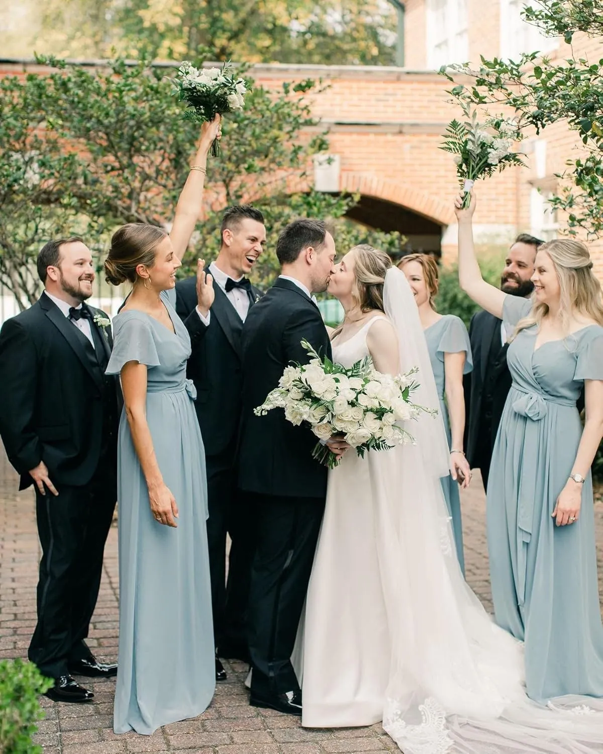 Women's V Neck Long Bridesmaid Dresses with Sleeves Chiffon A Line Slit Formal Evening Party Gowns