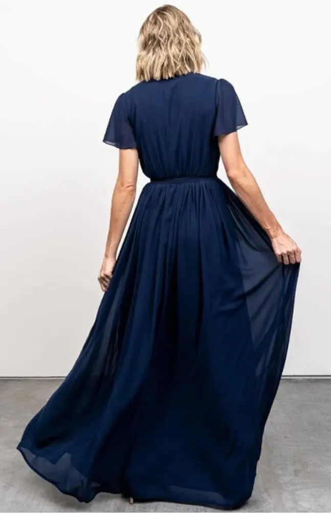 Women's V Neck Long Bridesmaid Dresses with Sleeves Chiffon A Line Slit Formal Evening Party Gowns