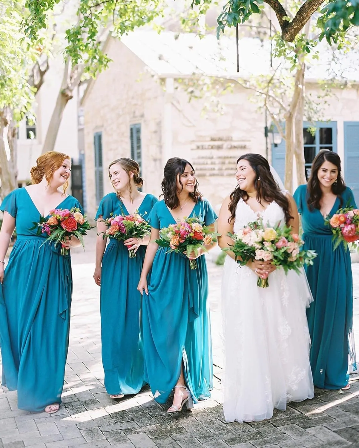 Women's V Neck Long Bridesmaid Dresses with Sleeves Chiffon A Line Slit Formal Evening Party Gowns
