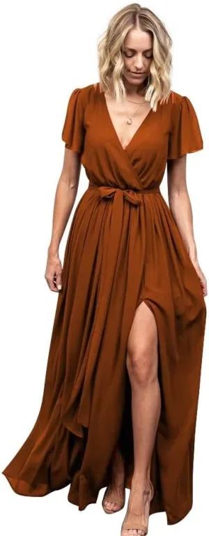 Women's V Neck Long Bridesmaid Dresses with Sleeves Chiffon A Line Slit Formal Evening Party Gowns