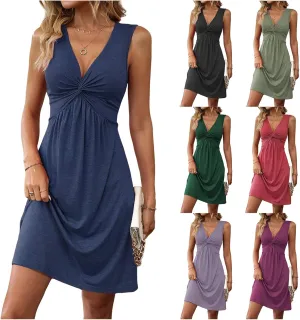 Womens V Neck Sleeveless Tank Dresses Front Knotted Sundress Casual A Line Beach Party Mini Dress Beach Boho Dresses