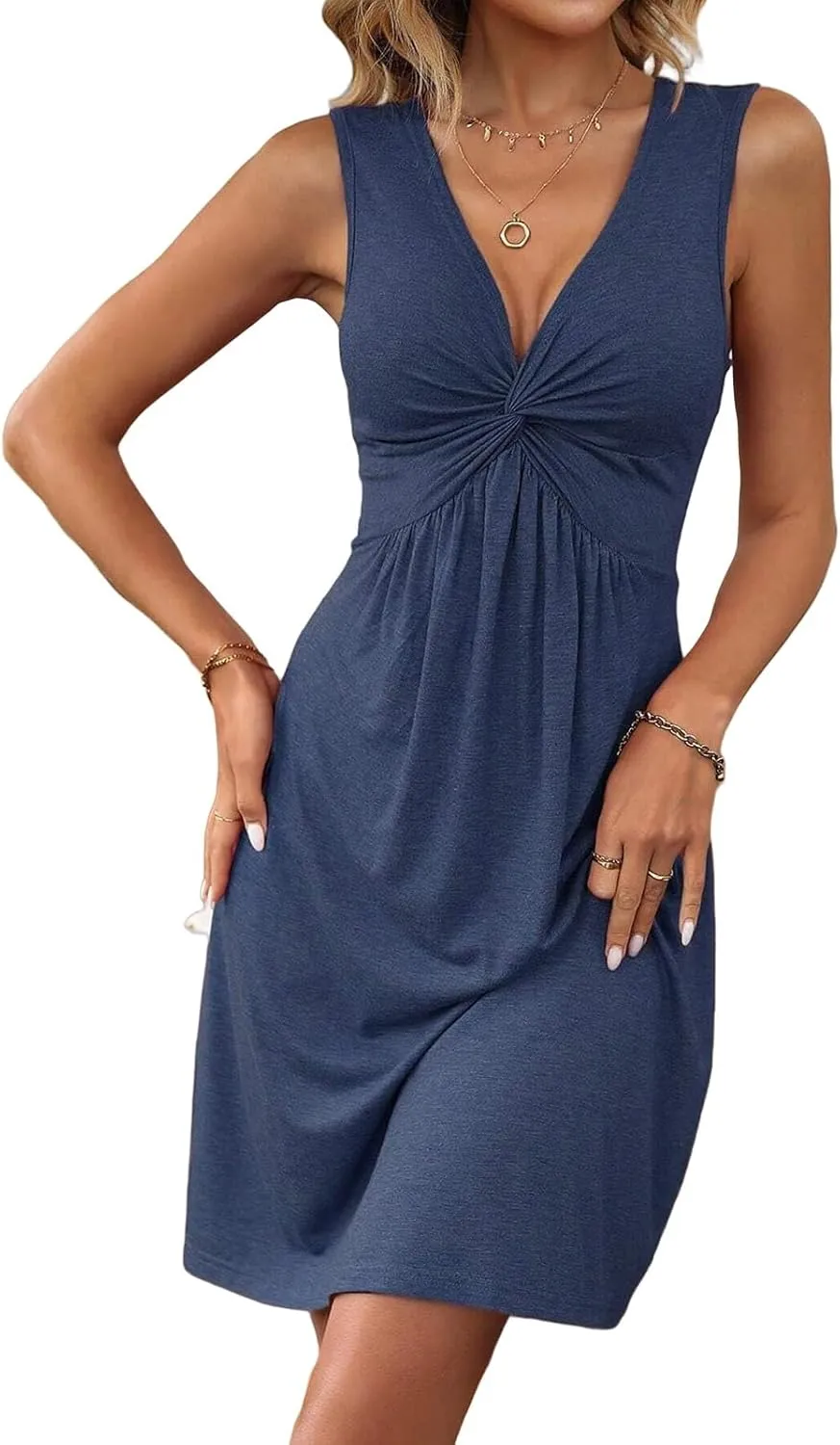 Womens V Neck Sleeveless Tank Dresses Front Knotted Sundress Casual A Line Beach Party Mini Dress Beach Boho Dresses