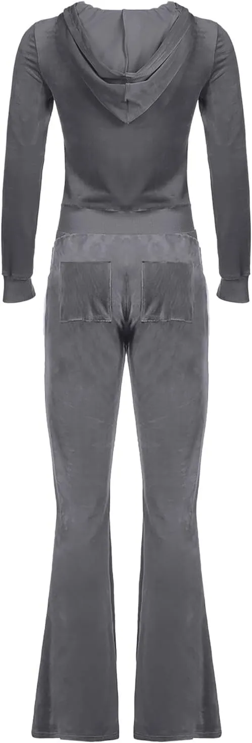 Womens Velour Tracksuit Two Piece Cropped Sweatshirt Flared Pants Workout Jogging Sets Velvet Sweatsuit Y2K Outfits