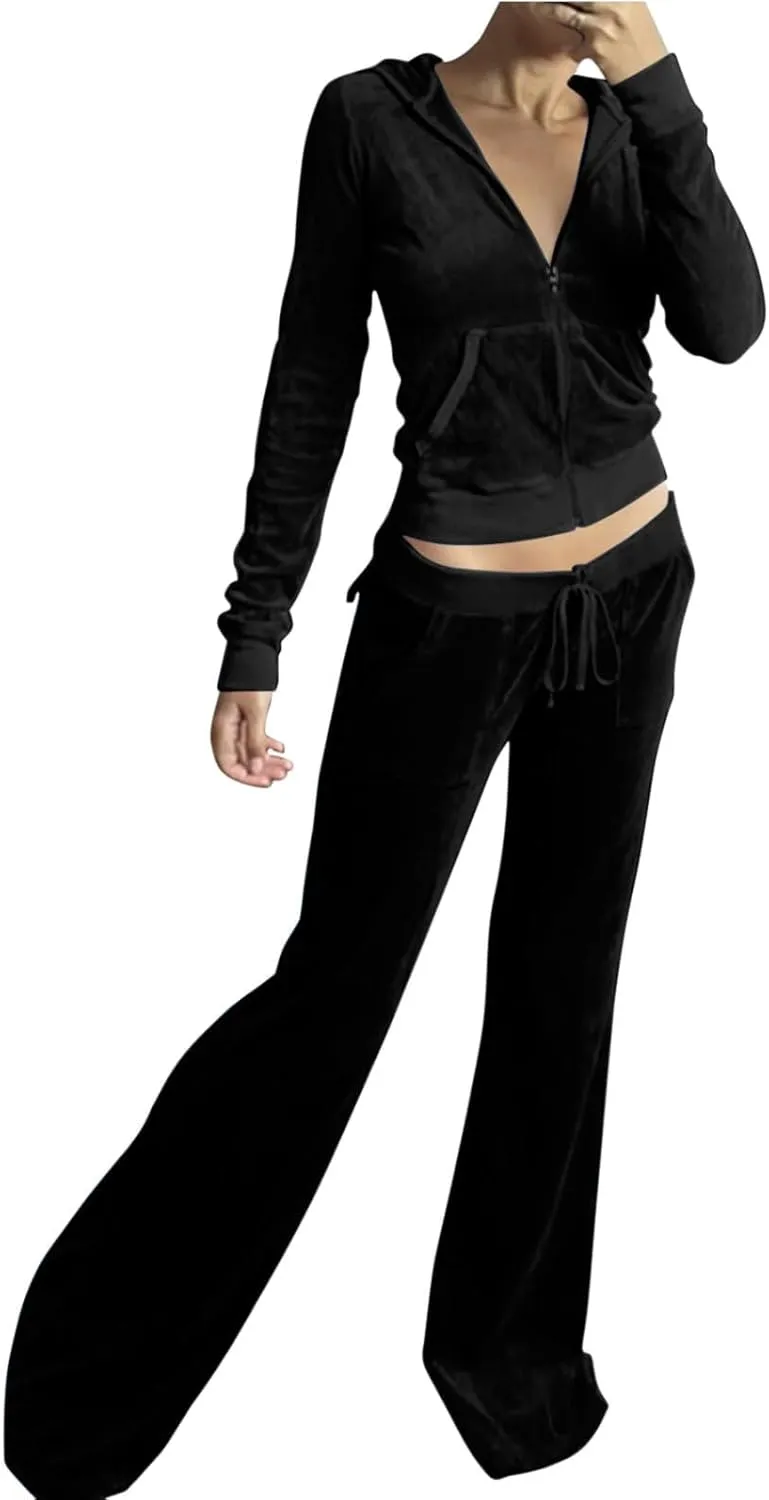 Womens Velour Tracksuit Two Piece Cropped Sweatshirt Flared Pants Workout Jogging Sets Velvet Sweatsuit Y2K Outfits