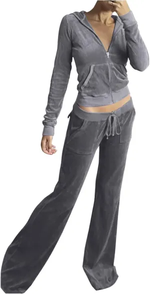 Womens Velour Tracksuit Two Piece Cropped Sweatshirt Flared Pants Workout Jogging Sets Velvet Sweatsuit Y2K Outfits