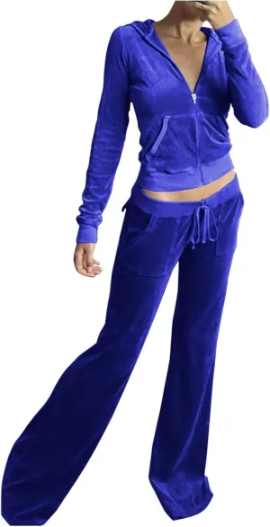 Womens Velour Tracksuit Two Piece Cropped Sweatshirt Flared Pants Workout Jogging Sets Velvet Sweatsuit Y2K Outfits
