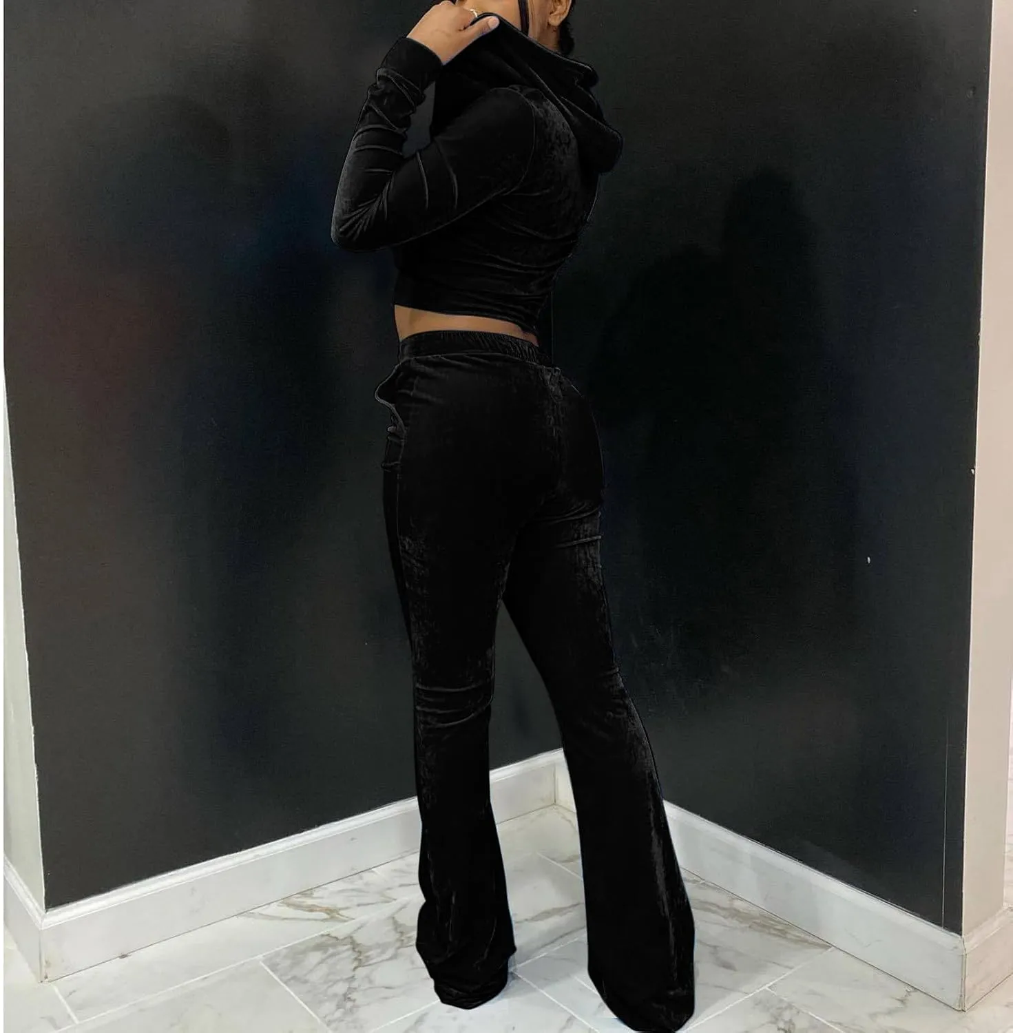 Womens Velour Tracksuit Two Piece Cropped Sweatshirt Flared Pants Workout Jogging Sets Velvet Sweatsuit Y2K Outfits
