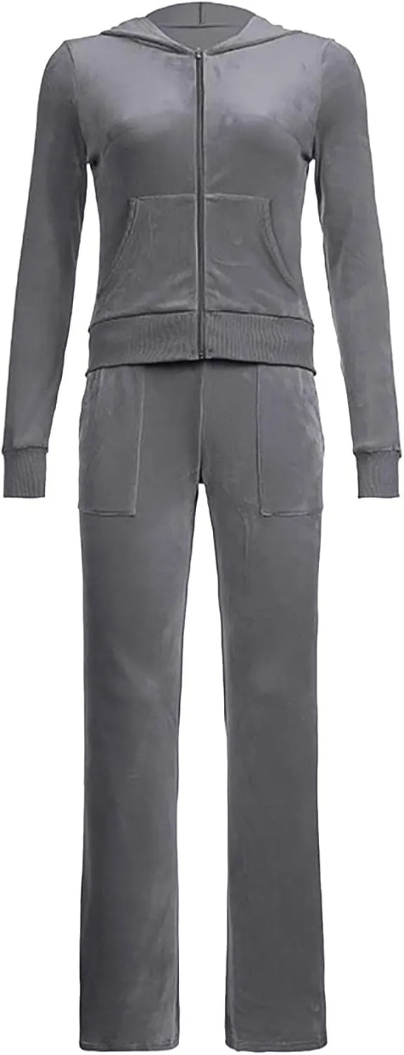 Womens Velour Tracksuit Two Piece Cropped Sweatshirt Flared Pants Workout Jogging Sets Velvet Sweatsuit Y2K Outfits