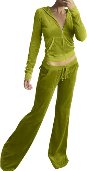 Womens Velour Tracksuit Two Piece Cropped Sweatshirt Flared Pants Workout Jogging Sets Velvet Sweatsuit Y2K Outfits