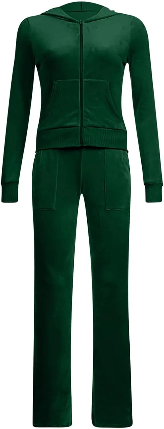 Womens Velour Tracksuit Two Piece Cropped Sweatshirt Flared Pants Workout Jogging Sets Velvet Sweatsuit Y2K Outfits