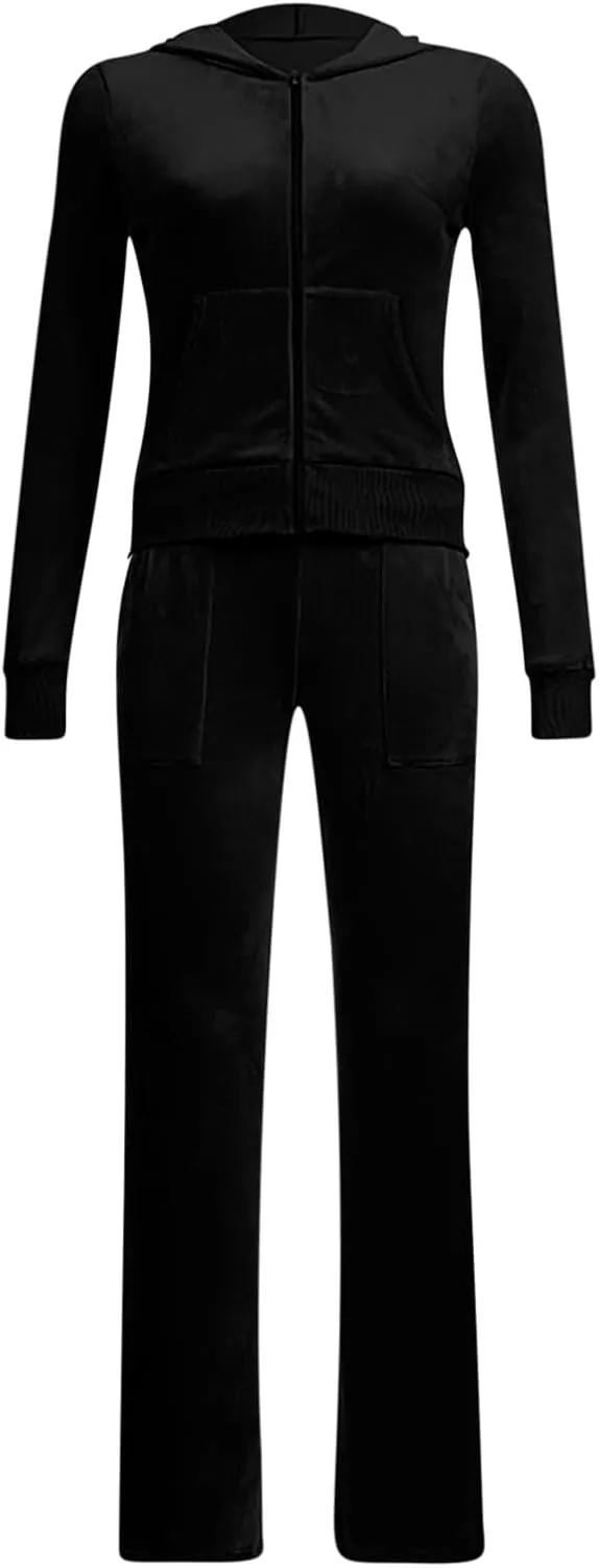 Womens Velour Tracksuit Two Piece Cropped Sweatshirt Flared Pants Workout Jogging Sets Velvet Sweatsuit Y2K Outfits