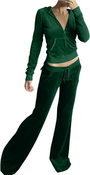 Womens Velour Tracksuit Two Piece Cropped Sweatshirt Flared Pants Workout Jogging Sets Velvet Sweatsuit Y2K Outfits