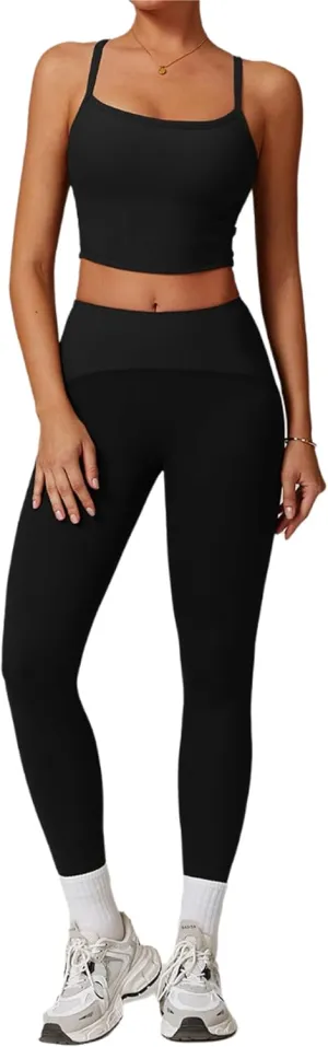 Womens Workout Sets 2 Piece Cross Back Tank Top Matching High Waist Leggings Sets Gym Outfits Work Out Clothes