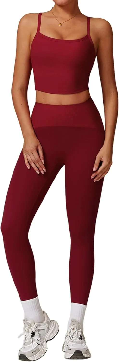 Womens Workout Sets 2 Piece Cross Back Tank Top Matching High Waist Leggings Sets Gym Outfits Work Out Clothes