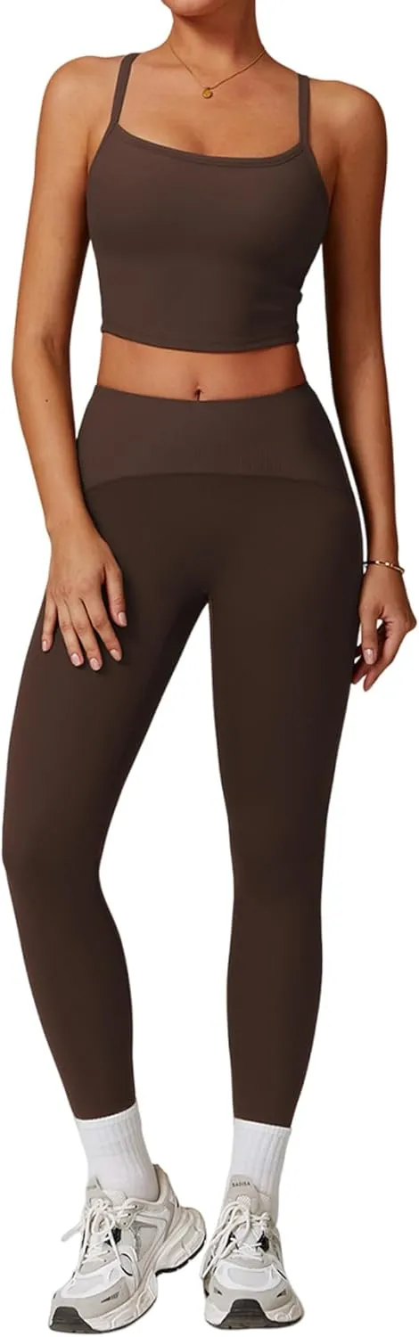 Womens Workout Sets 2 Piece Cross Back Tank Top Matching High Waist Leggings Sets Gym Outfits Work Out Clothes