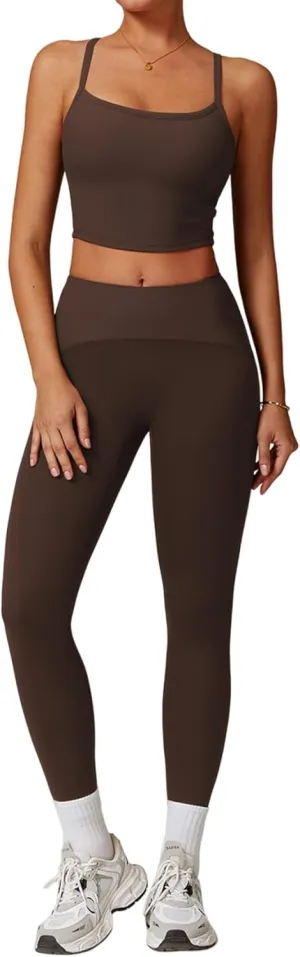 Womens Workout Sets 2 Piece Cross Back Tank Top Matching High Waist Leggings Sets Gym Outfits Work Out Clothes