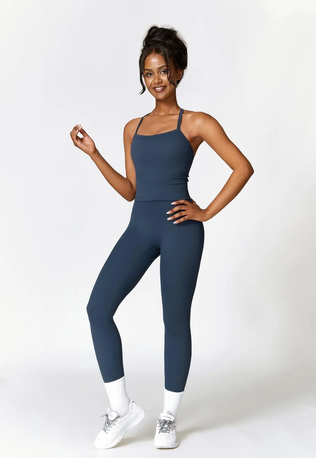 Womens Workout Sets Two Piece Cross Back Tank Top Matching High Waist Leggings Sets Gym Outfits Work Out Clothes