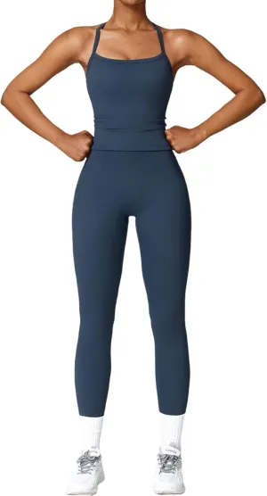 Womens Workout Sets Two Piece Cross Back Tank Top Matching High Waist Leggings Sets Gym Outfits Work Out Clothes
