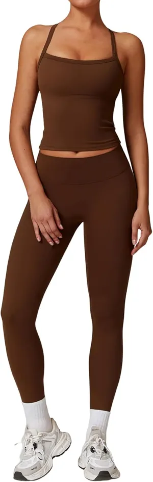 Womens Workout Sets Two Piece Cross Back Tank Top Matching High Waist Leggings Sets Gym Outfits Work Out Clothes