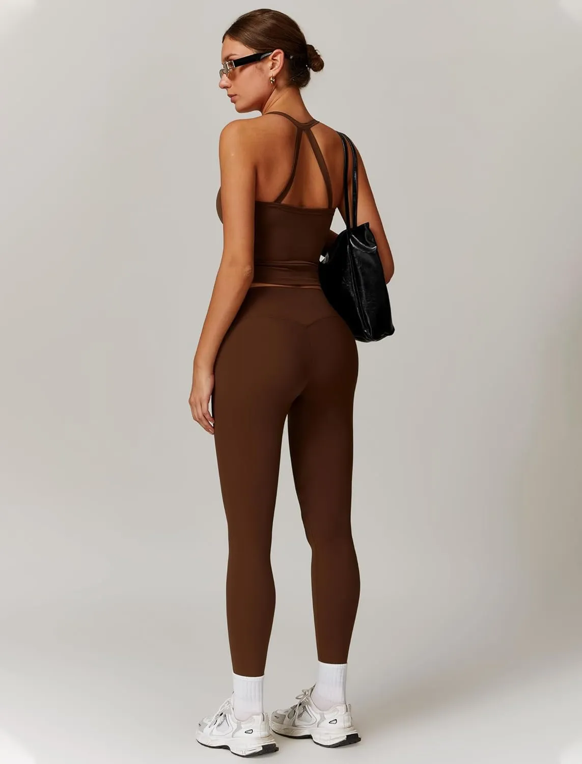 Womens Workout Sets Two Piece Cross Back Tank Top Matching High Waist Leggings Sets Gym Outfits Work Out Clothes