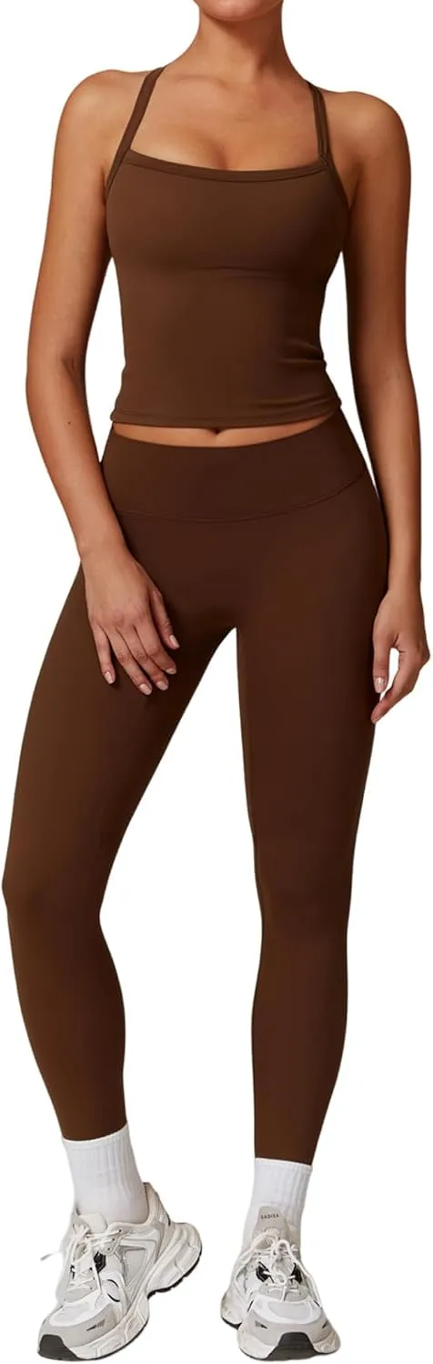 Womens Workout Sets Two Piece Cross Back Tank Top Matching High Waist Leggings Sets Gym Outfits Work Out Clothes