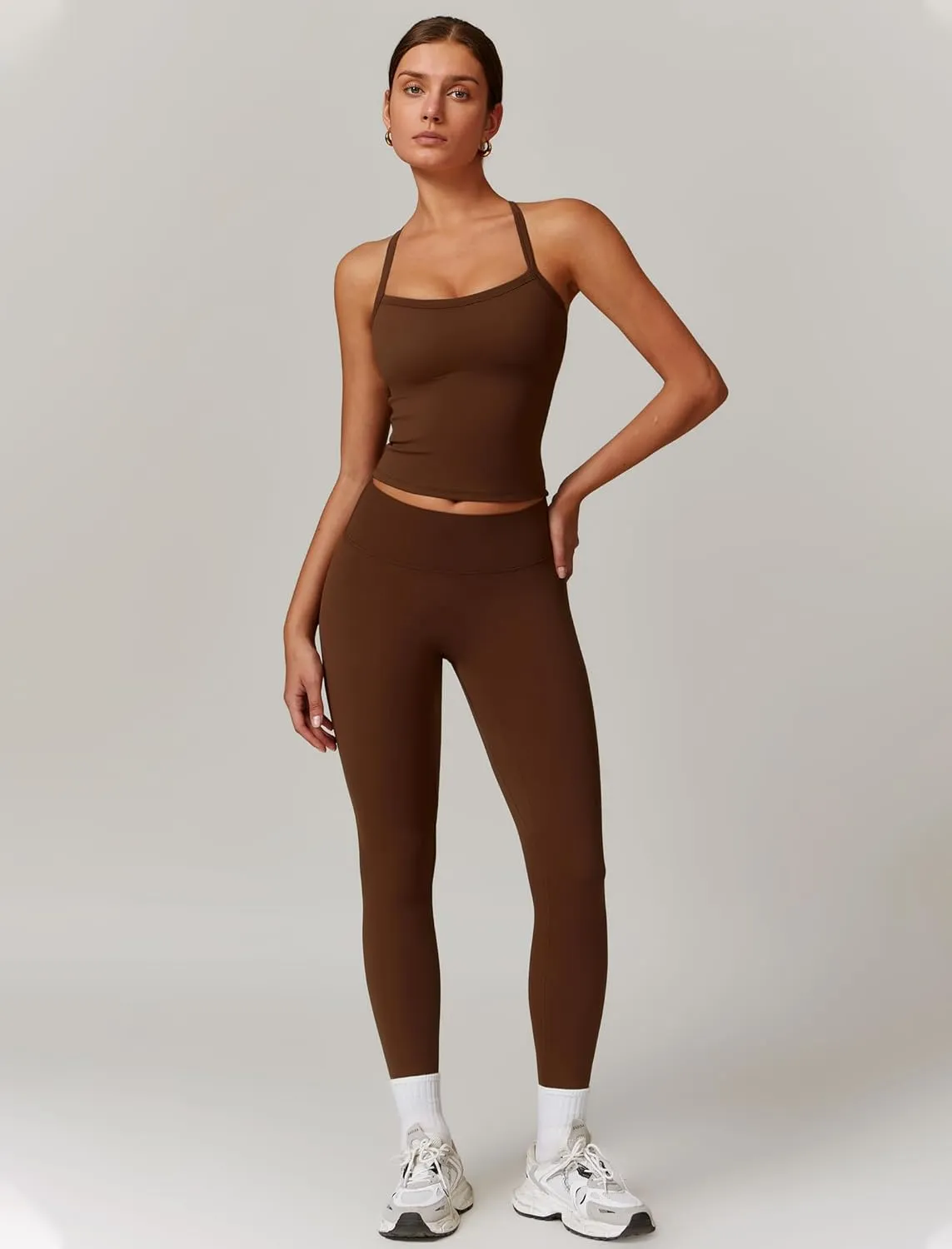 Womens Workout Sets Two Piece Cross Back Tank Top Matching High Waist Leggings Sets Gym Outfits Work Out Clothes