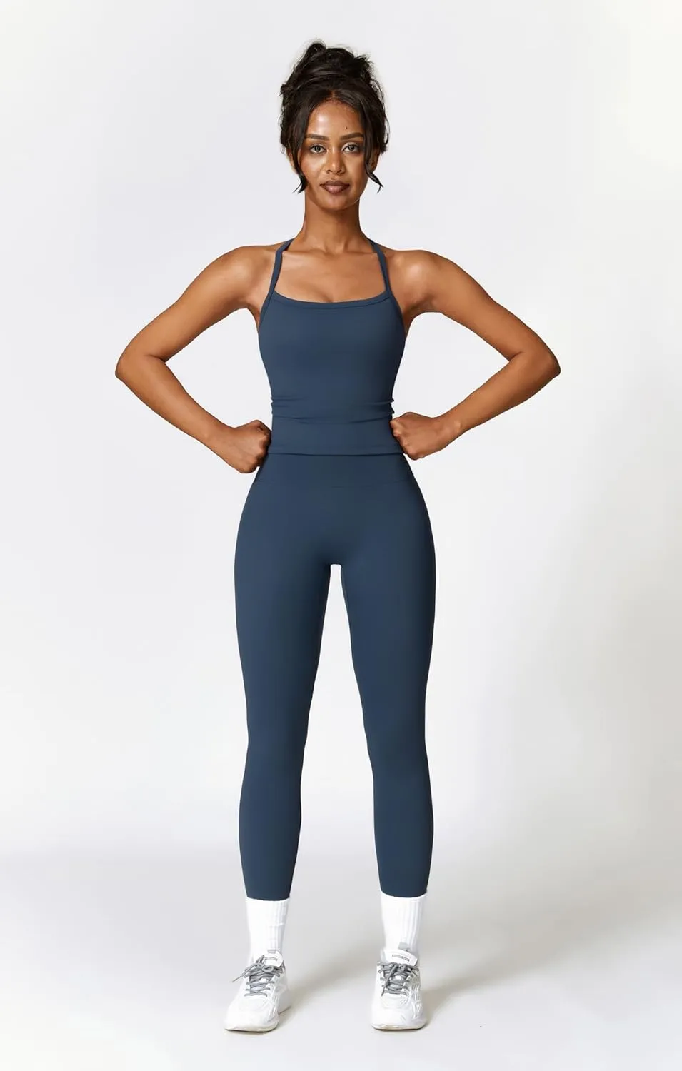 Womens Workout Sets Two Piece Cross Back Tank Top Matching High Waist Leggings Sets Gym Outfits Work Out Clothes
