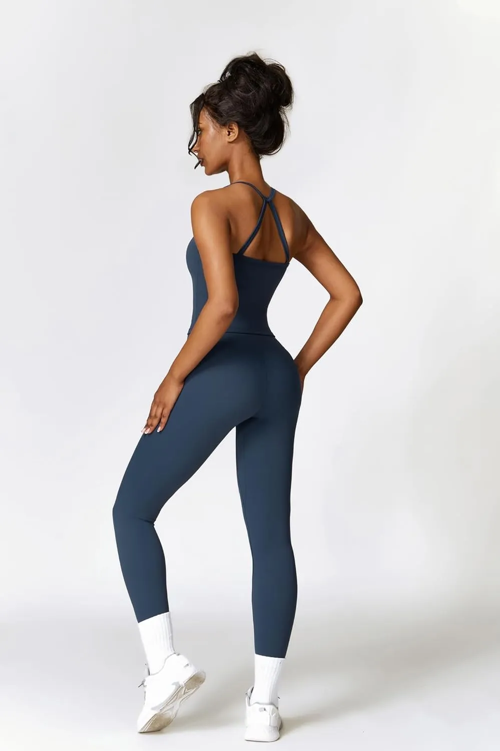 Womens Workout Sets Two Piece Cross Back Tank Top Matching High Waist Leggings Sets Gym Outfits Work Out Clothes