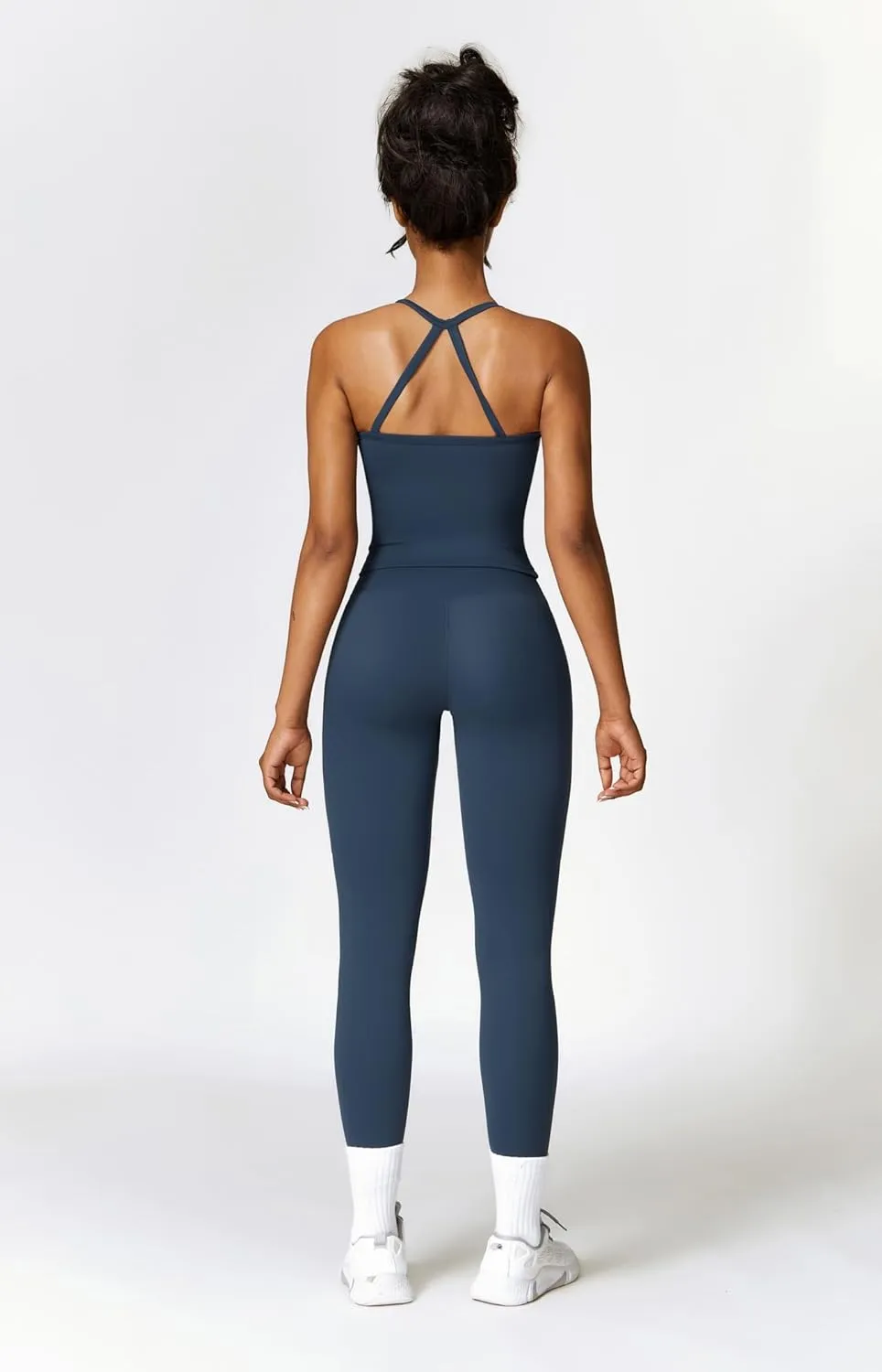 Womens Workout Sets Two Piece Cross Back Tank Top Matching High Waist Leggings Sets Gym Outfits Work Out Clothes
