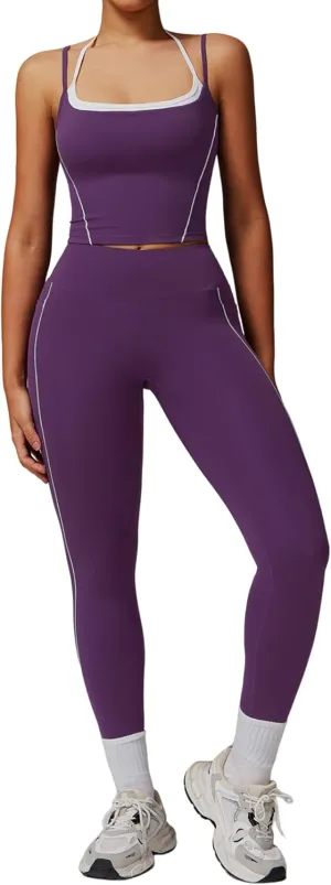 Womens Workout Sets Two Piece Spaghetti Straps Tank Top Matching High Waist Leggings Gym Work Out Outfits with Pockets