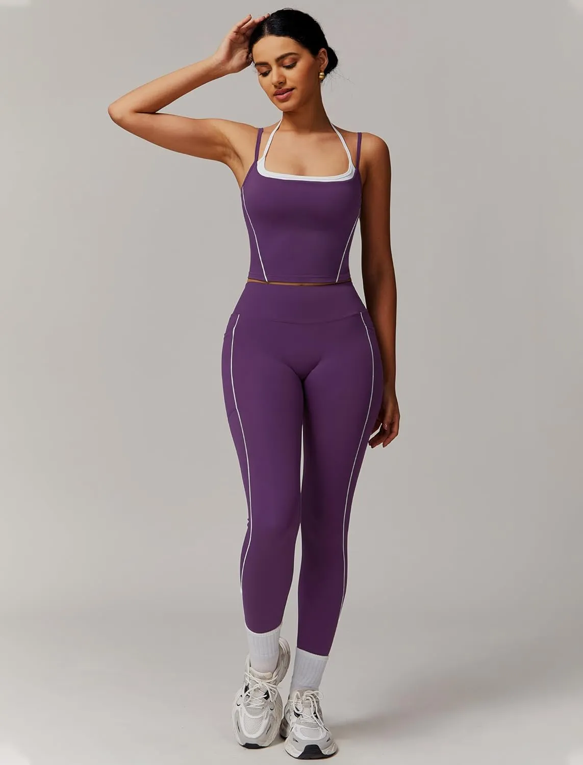 Womens Workout Sets Two Piece Spaghetti Straps Tank Top Matching High Waist Leggings Gym Work Out Outfits with Pockets