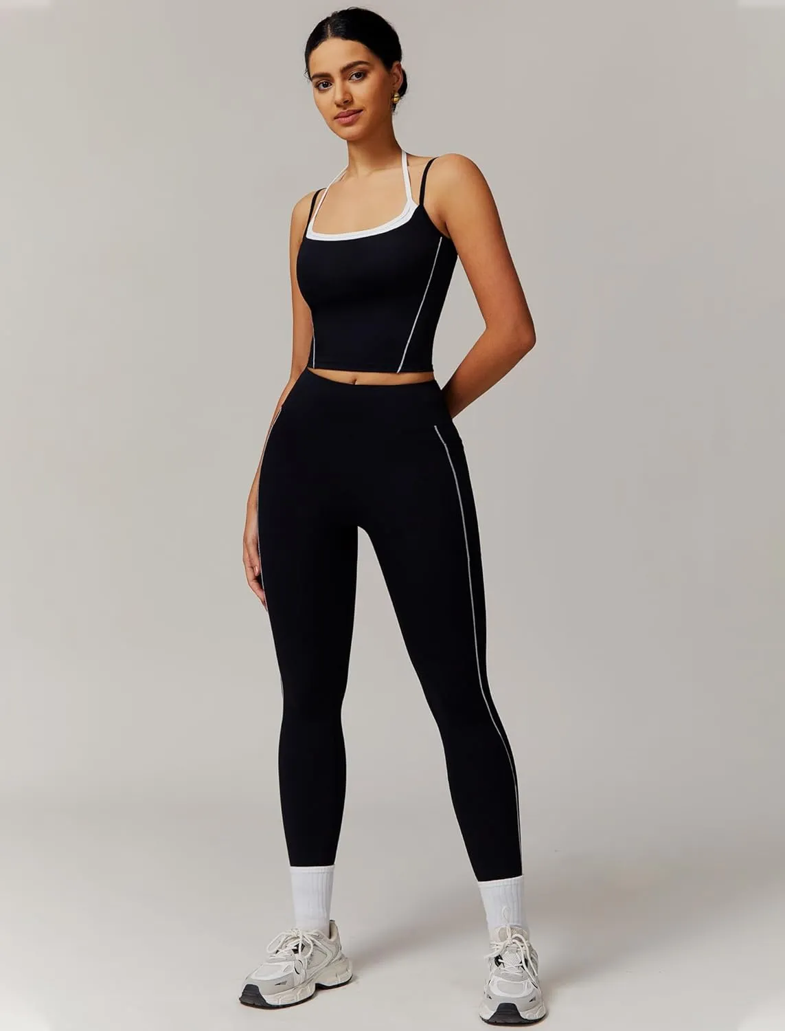 Womens Workout Sets Two Piece Spaghetti Straps Tank Top Matching High Waist Leggings Gym Work Out Outfits with Pockets