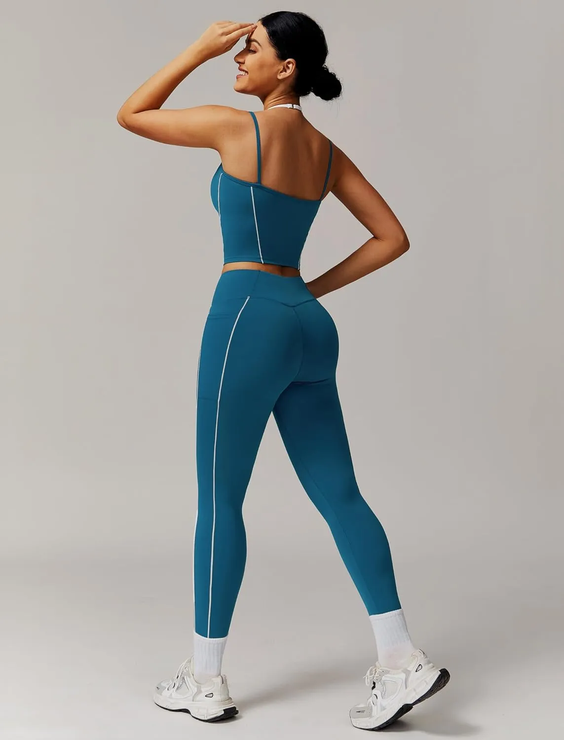 Womens Workout Sets Two Piece Spaghetti Straps Tank Top Matching High Waist Leggings Gym Work Out Outfits with Pockets