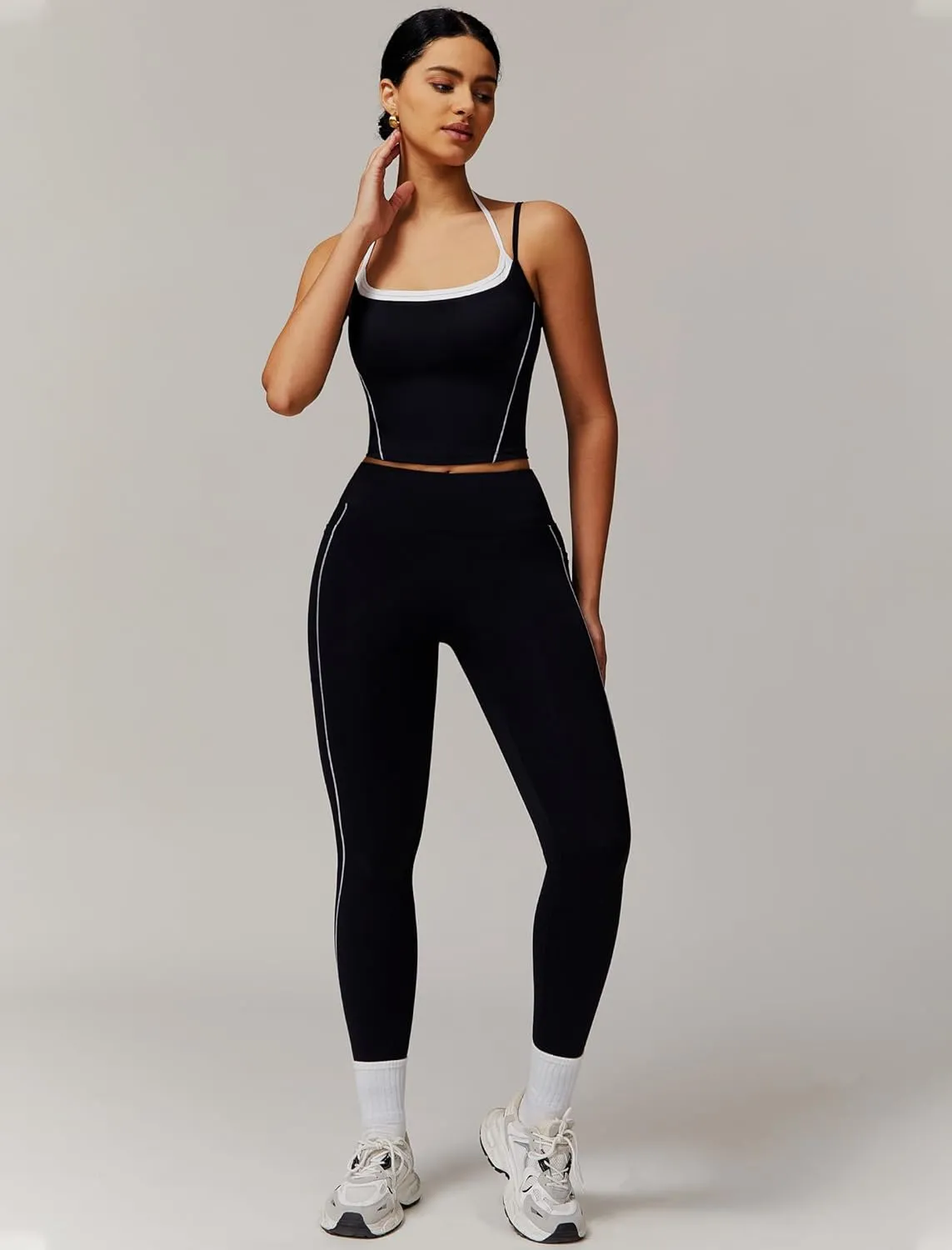 Womens Workout Sets Two Piece Spaghetti Straps Tank Top Matching High Waist Leggings Gym Work Out Outfits with Pockets