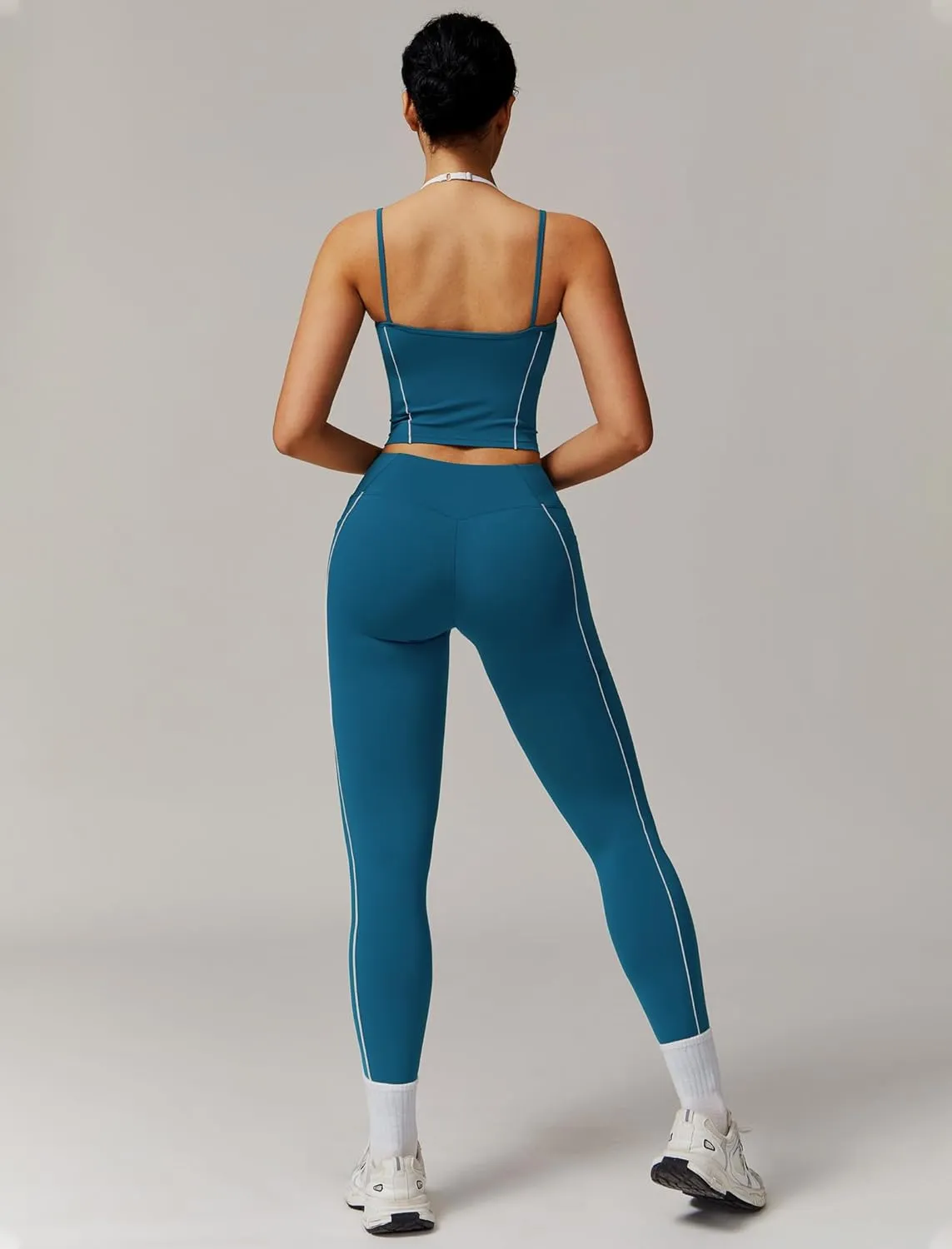 Womens Workout Sets Two Piece Spaghetti Straps Tank Top Matching High Waist Leggings Gym Work Out Outfits with Pockets