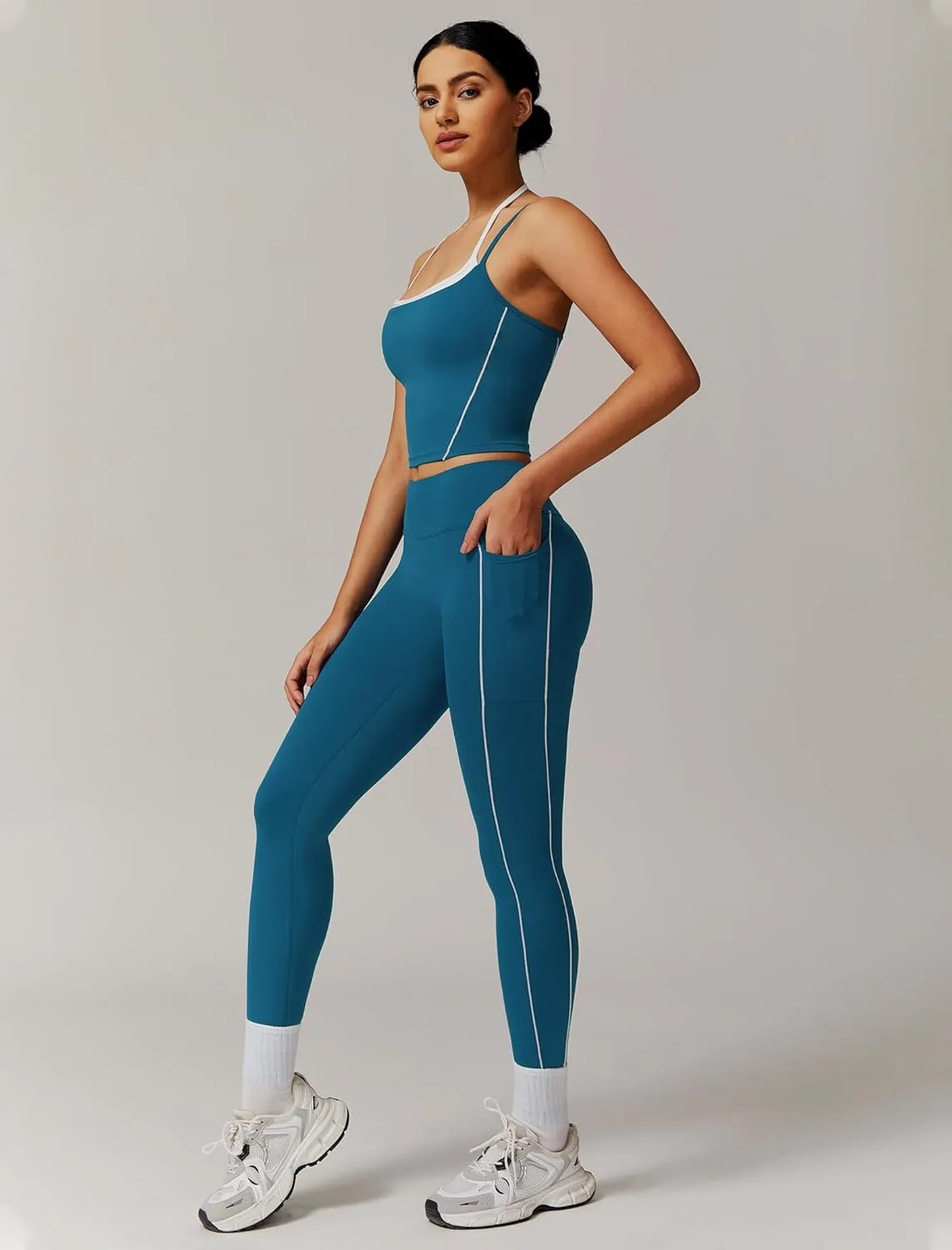 Womens Workout Sets Two Piece Spaghetti Straps Tank Top Matching High Waist Leggings Gym Work Out Outfits with Pockets