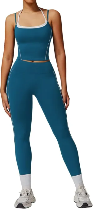 Womens Workout Sets Two Piece Spaghetti Straps Tank Top Matching High Waist Leggings Gym Work Out Outfits with Pockets