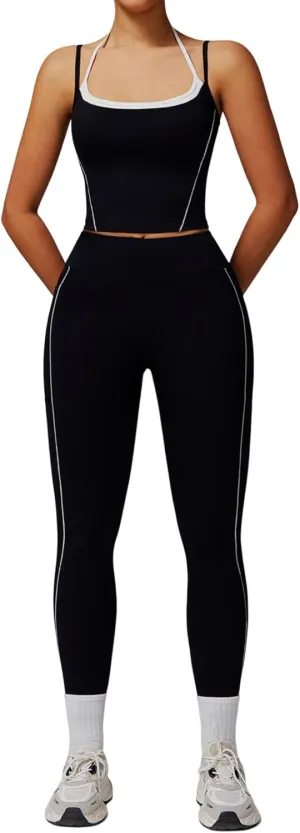 Womens Workout Sets Two Piece Spaghetti Straps Tank Top Matching High Waist Leggings Gym Work Out Outfits with Pockets