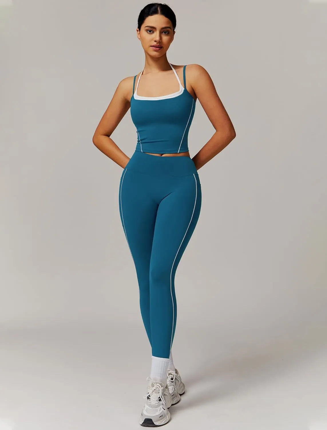 Womens Workout Sets Two Piece Spaghetti Straps Tank Top Matching High Waist Leggings Gym Work Out Outfits with Pockets
