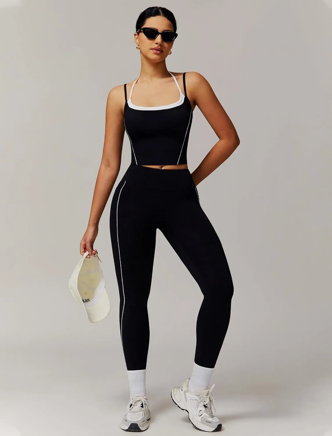 Womens Workout Sets Two Piece Spaghetti Straps Tank Top Matching High Waist Leggings Gym Work Out Outfits with Pockets