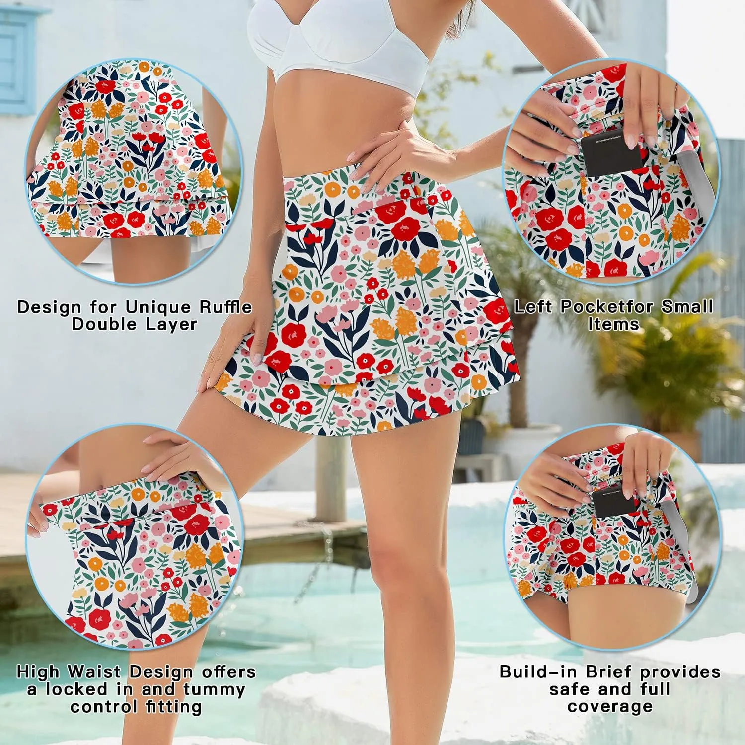 WOWENY Swim Skirt for Women 2 Layered Ruffled Flowy Floral High Waisted Swimsuit Built-in Swim Bikini Bottoms