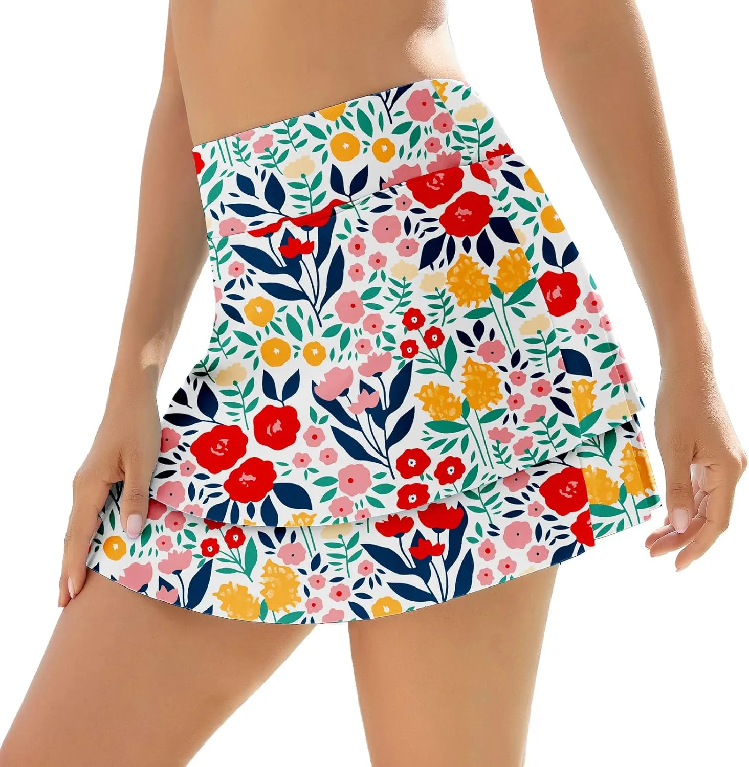 WOWENY Swim Skirt for Women 2 Layered Ruffled Flowy Floral High Waisted Swimsuit Built-in Swim Bikini Bottoms