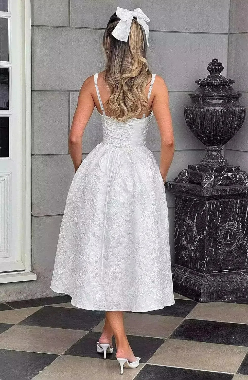 YOFF Spaghetti Straps Jacquard Floral Satin Prom Dresses Corset A Line Midi Homecoming Dresses for Teens YO155