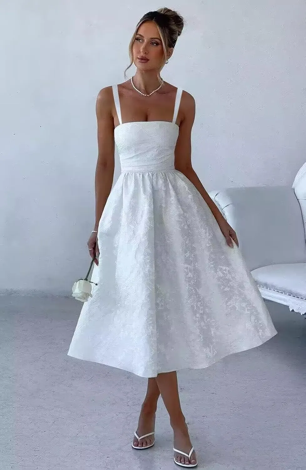 YOFF Spaghetti Straps Jacquard Floral Satin Prom Dresses Corset A Line Midi Homecoming Dresses for Teens YO155