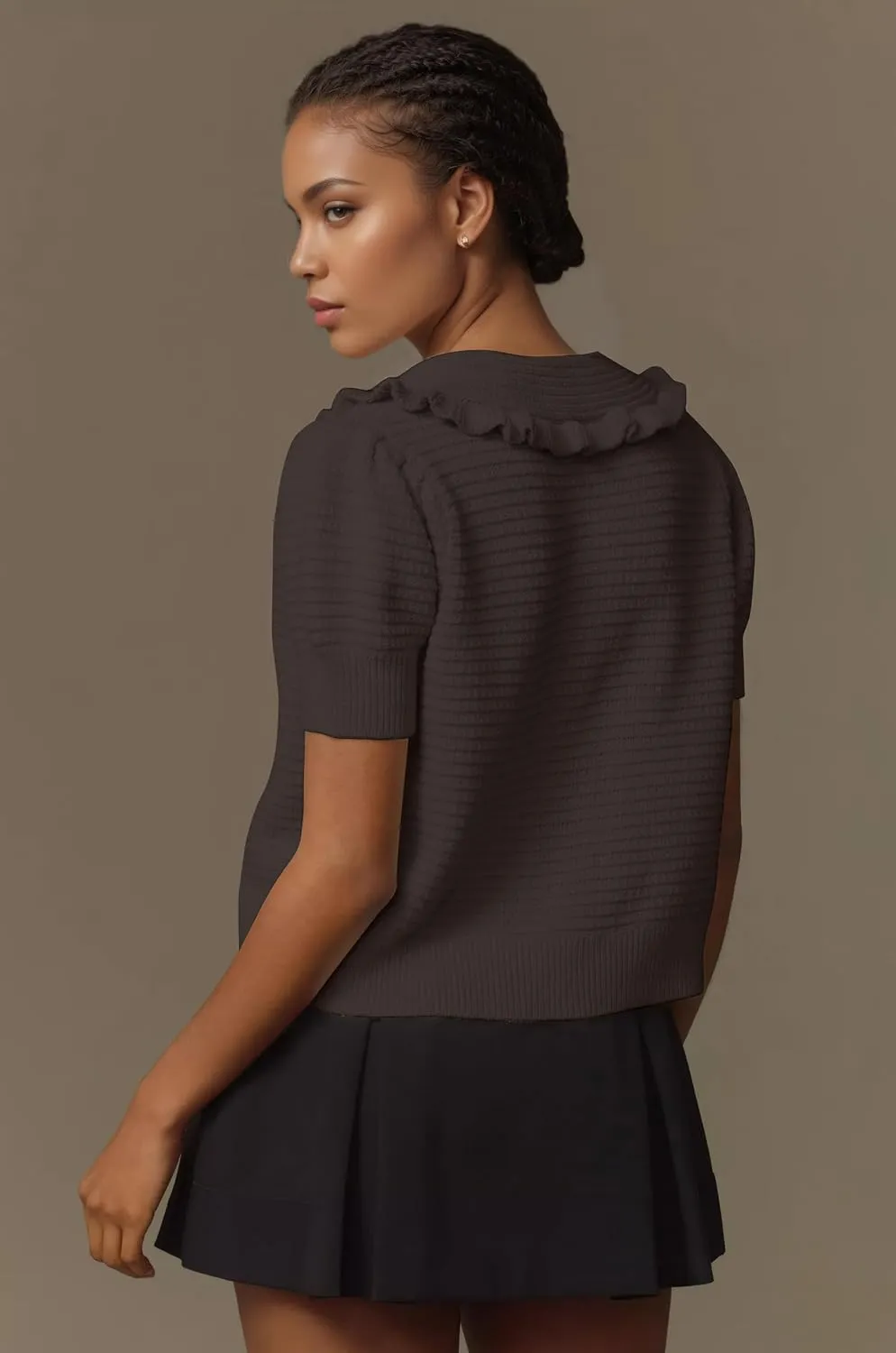 Ythomm Womens Summer Sweaters Ruffle Collared Lantern Short Sleeve Crochet Knit Sweater Tops Cute Button Open Front Cardigans