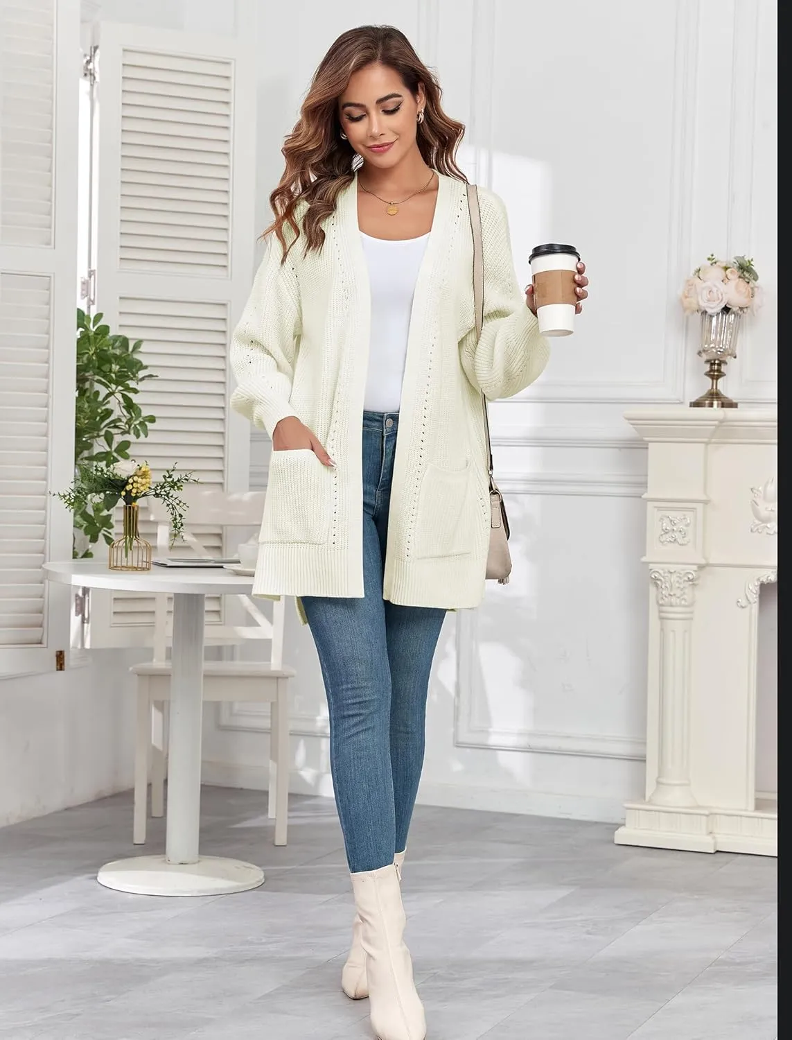 ZAFUL Women's 2024 Fall Knit Cardigans Long Sleeve Open Front Oversized Cardigan Sweaters Jackets with Pockets