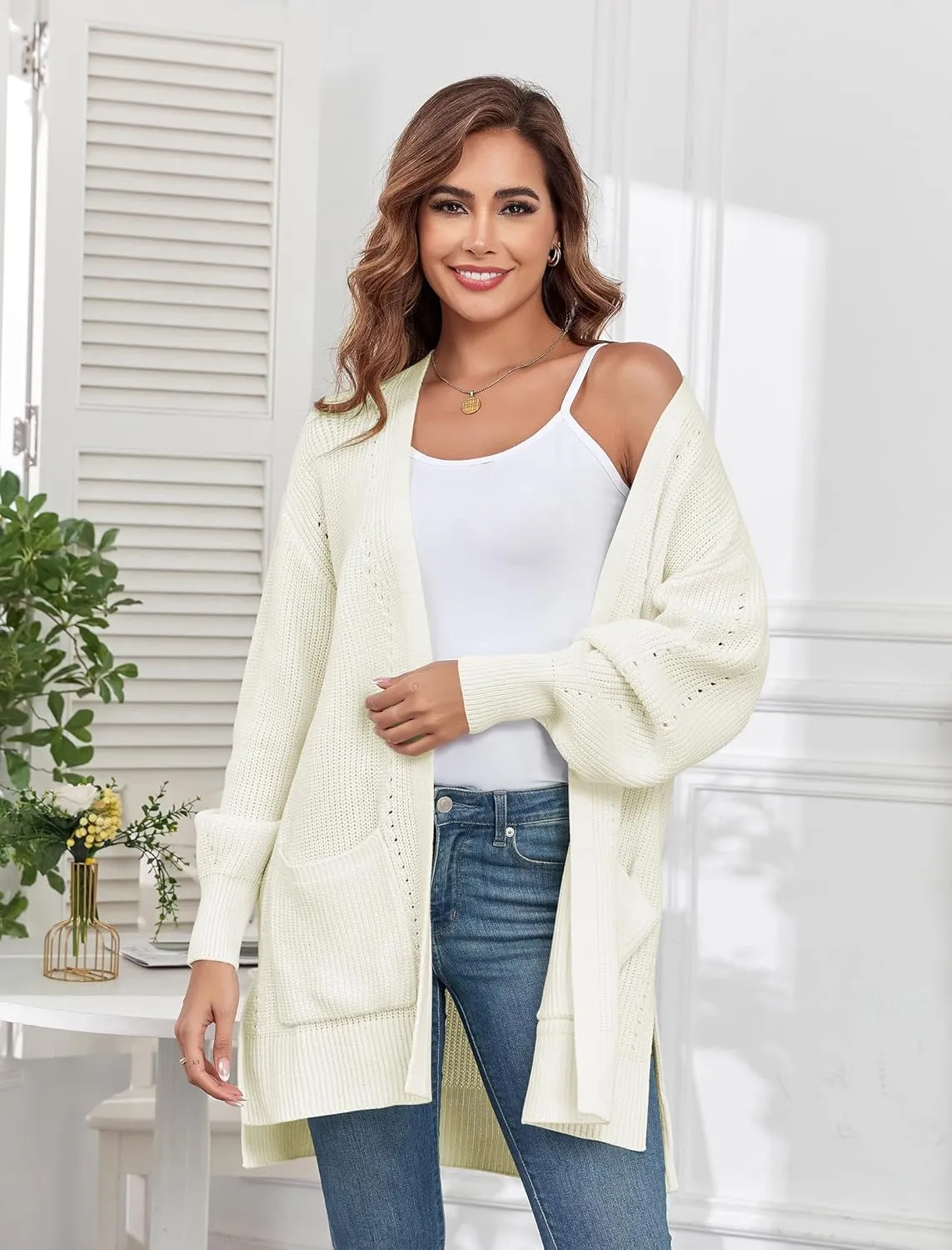 ZAFUL Women's 2024 Fall Knit Cardigans Long Sleeve Open Front Oversized Cardigan Sweaters Jackets with Pockets