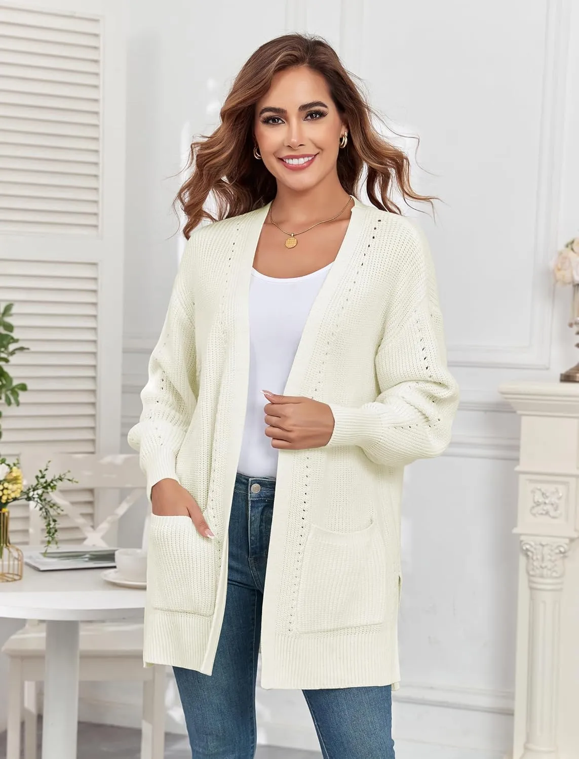 ZAFUL Women's 2024 Fall Knit Cardigans Long Sleeve Open Front Oversized Cardigan Sweaters Jackets with Pockets